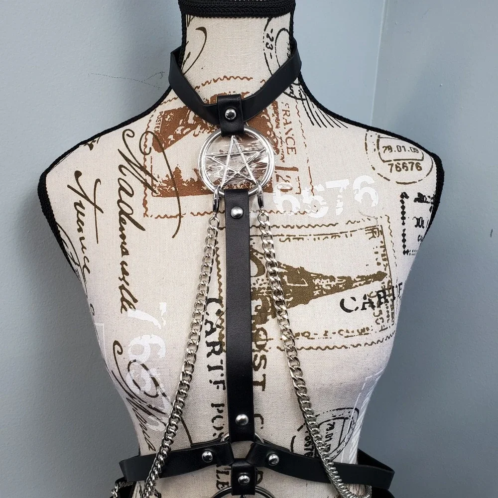 Gothic‎ Black Faux Leather Body Harness Pentagram Chain Choker Waist Belt Womens